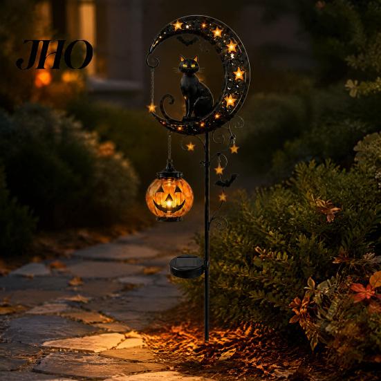 Hanging Pumpkin Halloween Decor Solar Garden Stake Light, Metal Black Cat & Moon Waterproof Crescent Pathway Lights Decorations for Lawn Patio