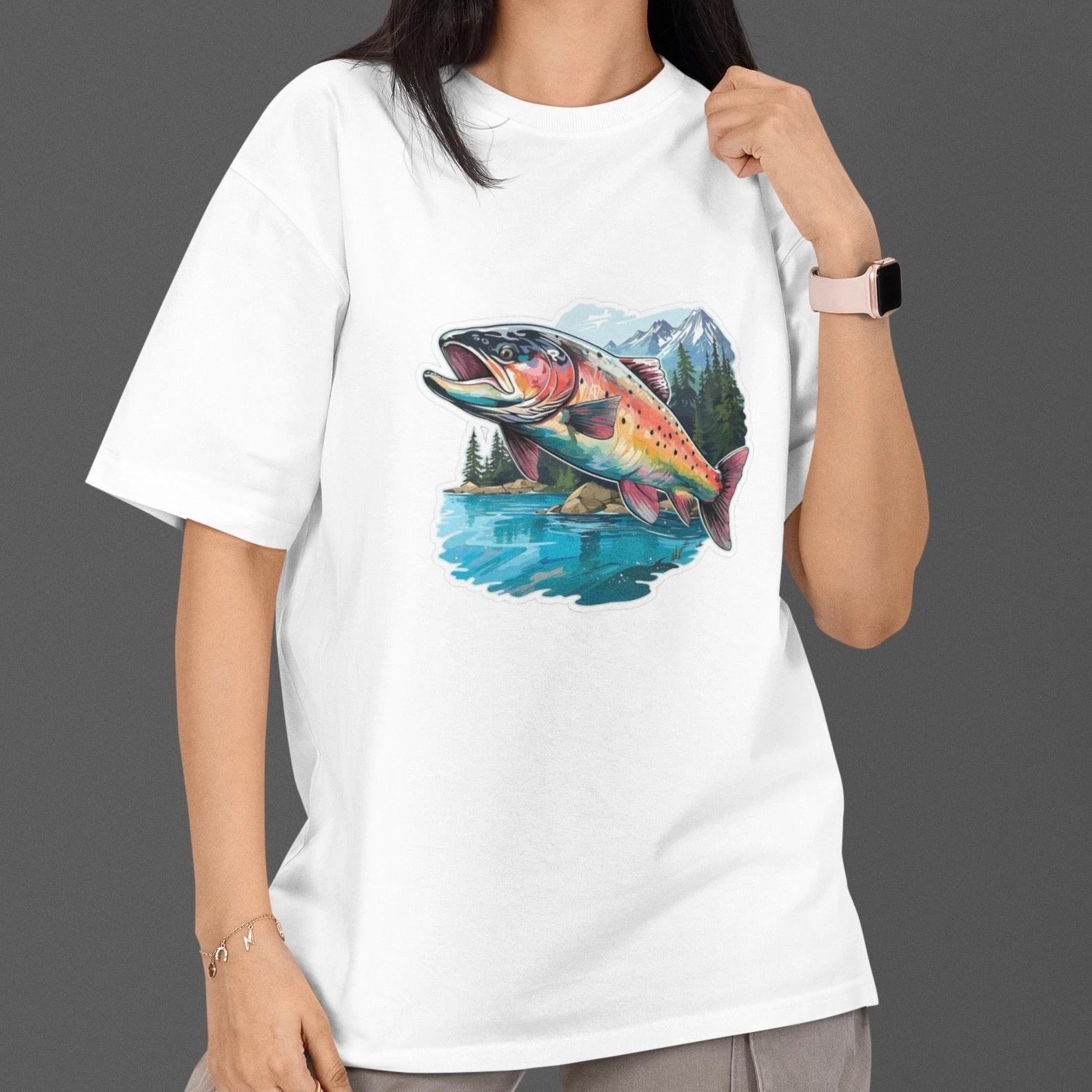 Trout Fishing T Shirt Lake Mountain Fish Tee Outdoor Nature Fisherman Shirt Gift XL