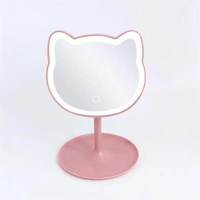 Lampe LED Chat Dessin Animé de Bureau Miroir de Maquillage Mini Miroir Cosmétique Électrique Portable Tendance pour Personnel et Maison