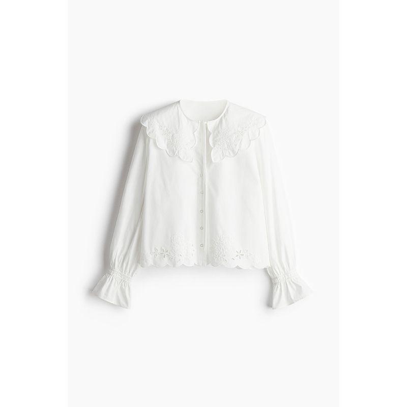 

HM Women s Shirt 2025 Autumn New Arrival Wave Style Wear Match Embroider Doll Collar Long Sleeves Tops 1274640 Cream color 155/80(XS)