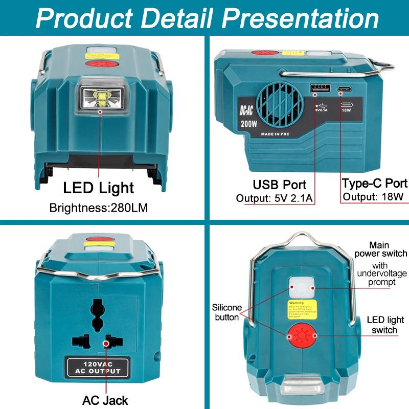 Portable Inverter 200W AC For Dewalt For Makita/Bosch/Milwaukee/Ryobi 18V Battery 120-220V Modified Sine Wave Power Adapter USB
