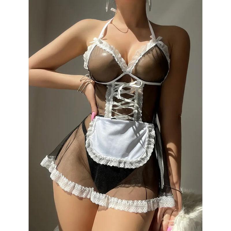 Sexy Lingerie New  Maid Costume Transparent Sexy Cosplay Dress  Erotic Lingerie Maids Uniforms Women Baby Doll Porn Sex Suit