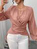 Women's Solid Color Wrap Blouse Round Neck Long Sleeve Ruched Casual Top