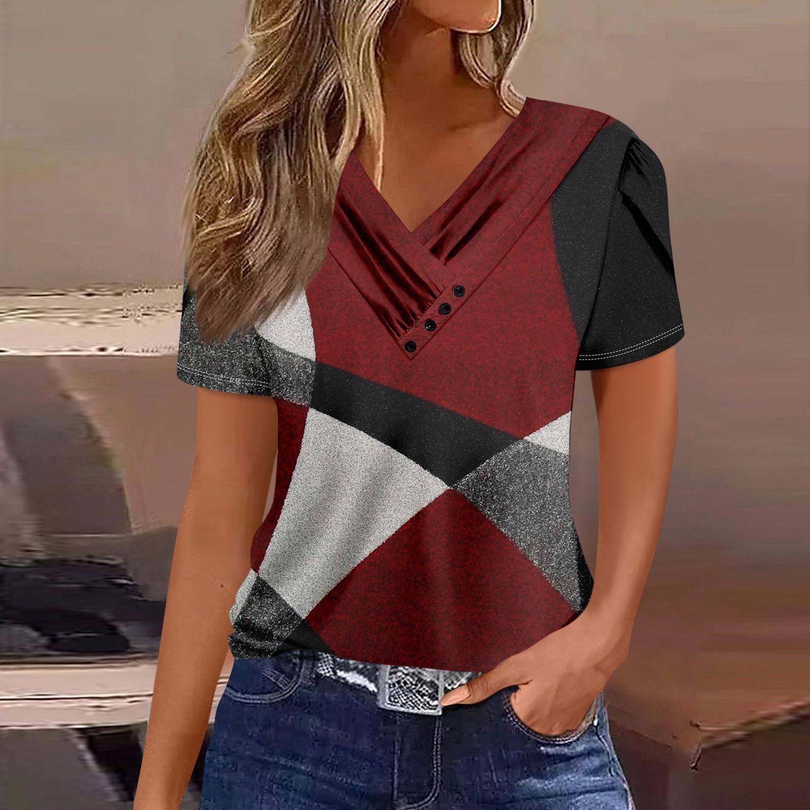 

Женская футболка, повседневная футболка с v-образным вырезом и короткими рукавами, топ на пуговицах с принтом M