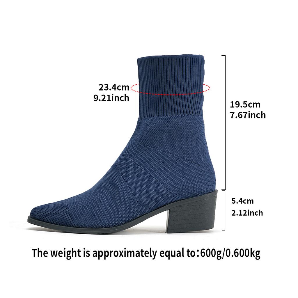 Single boot elastic thick heel slim boots knitted socks boots black square toe high heels short boots for women