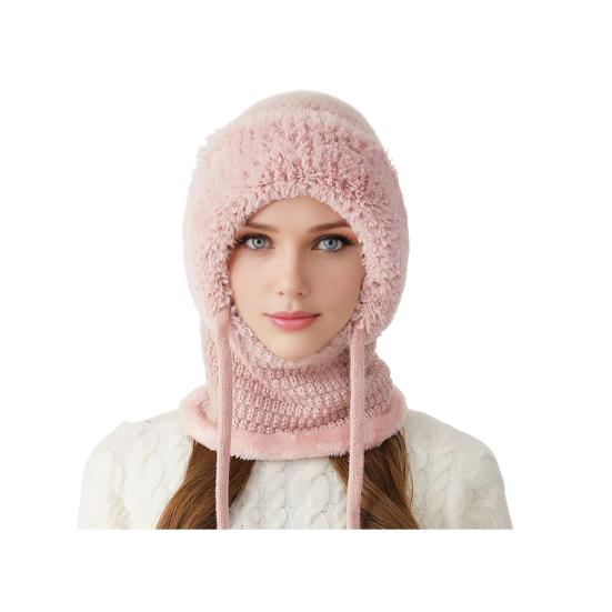 3 In 1 Knitted Hat Women Soft Plush Winter Scarf with Face Guard Adjustable Straps Windproof Hooded Design Scarf