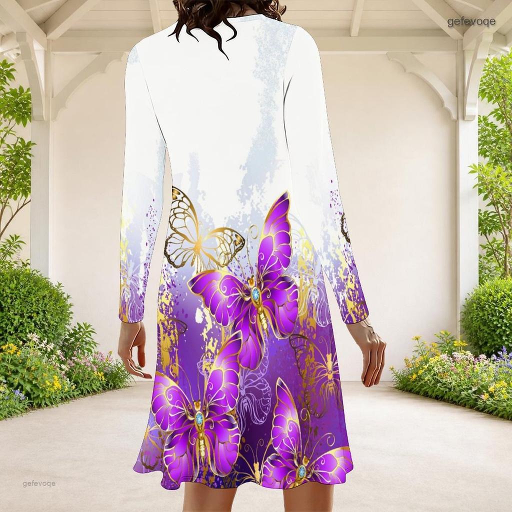 Women Plus Size Round Neck Long Sleeve Butterfly Printed Black A Line Dress