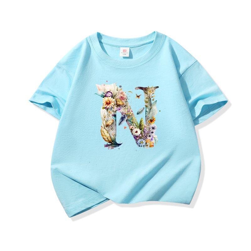 Kids Cotton T Shirt Floral Letter N Print Crew Neck Short Sleeve Tee Casual Boys Girls Summer Tops