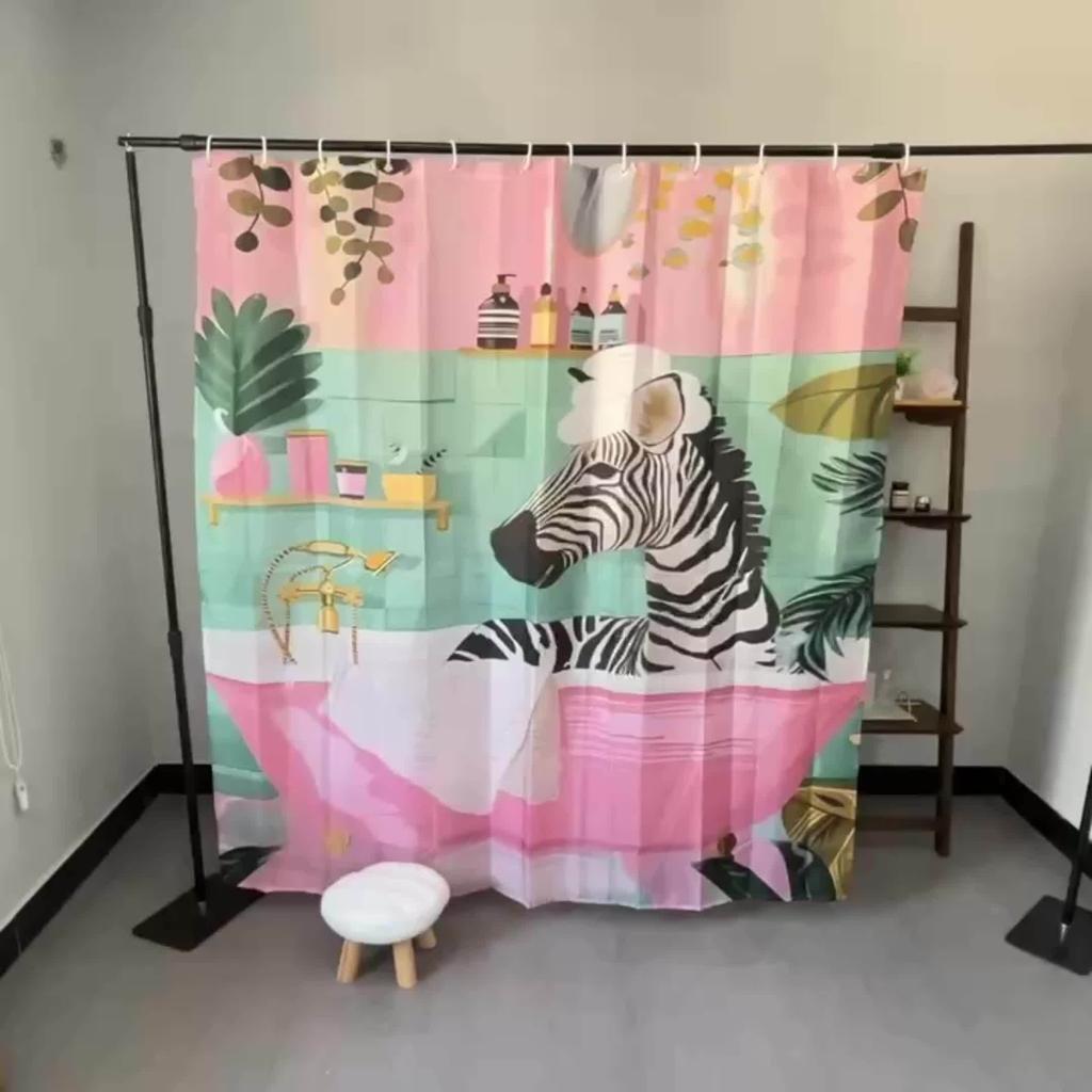 "Vintage Watercolor Zebra Bathtub Shower Curtain - Pink & Teal Tropical Plants Polyester Machine Washable Playful Bathroom Decor