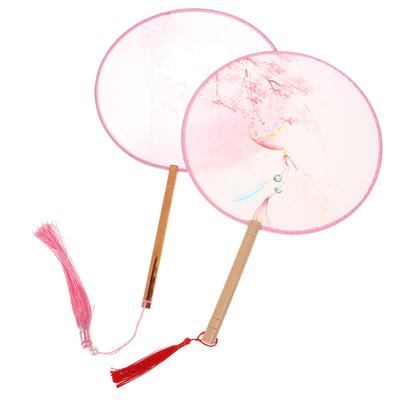Chinese Round Hand Fan Vintage Printing Silk Fan Ancient Tassel Dance Hand Fan Cheongsam Tang Suit Wedding Party Accessories
