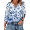 Women V Neck Blouse Loose Fit Casual Three Quarter Sleeve Top with Button Detail Lightweight Printed Shirt for Everyday Wear