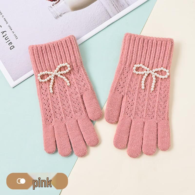 Women's Winter Knitted Touchscreen Gloves with Bow & Pearl