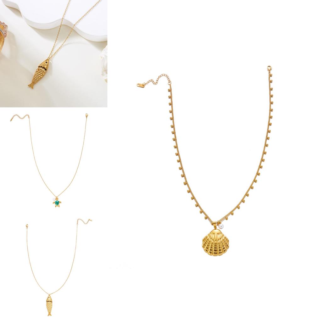 Marine Theme Stainless Steel Pendant Necklace With Pearl And Turtle Design For Summer Fashion