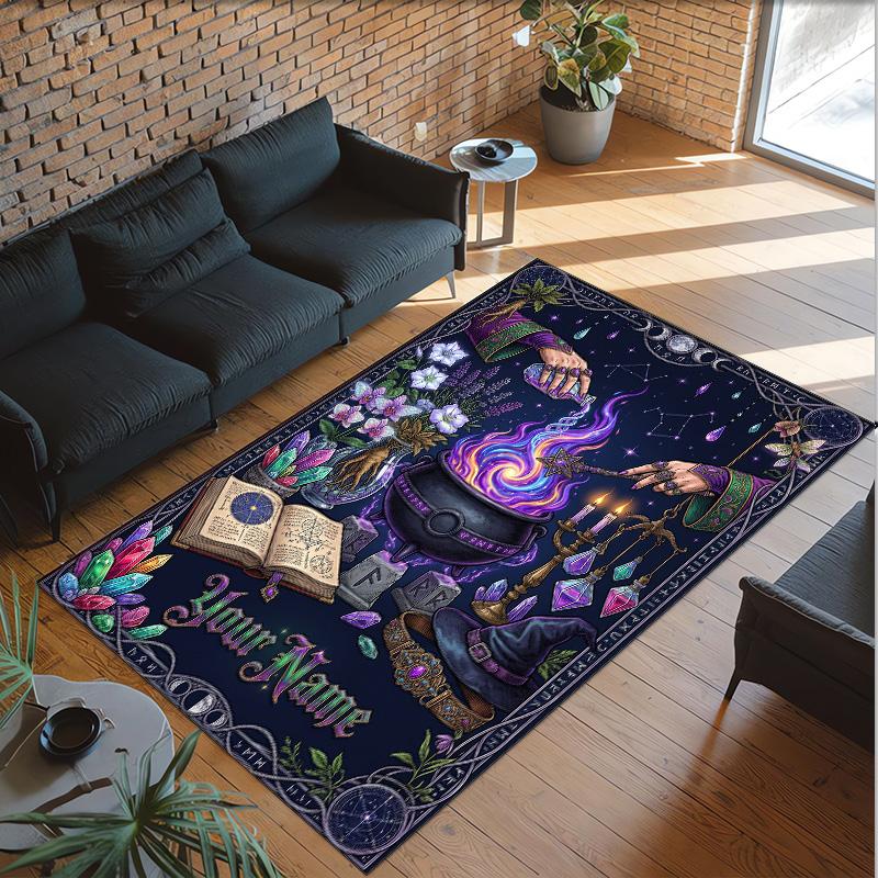 Witchcraft Theme Crystal Velvet Rug Personalized Custom Name Text Soft Floor Mat Home Decor