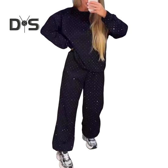 2 Pcs/Set Women Top Pants Suit Round Neck Long Sleeves Rhinestone Decor Sweatshirt Elastic Waist Wide Leg Trousers Daily Wear Sport Outfit Fall