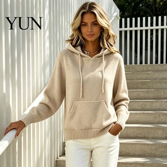 Daily Wear Hoodie Women Knit for Fall Winter, Long Sleeve Pullover Sweater Cozy Autumn Outerwear with Front Pocket, Solid Color Casual Hooded Top