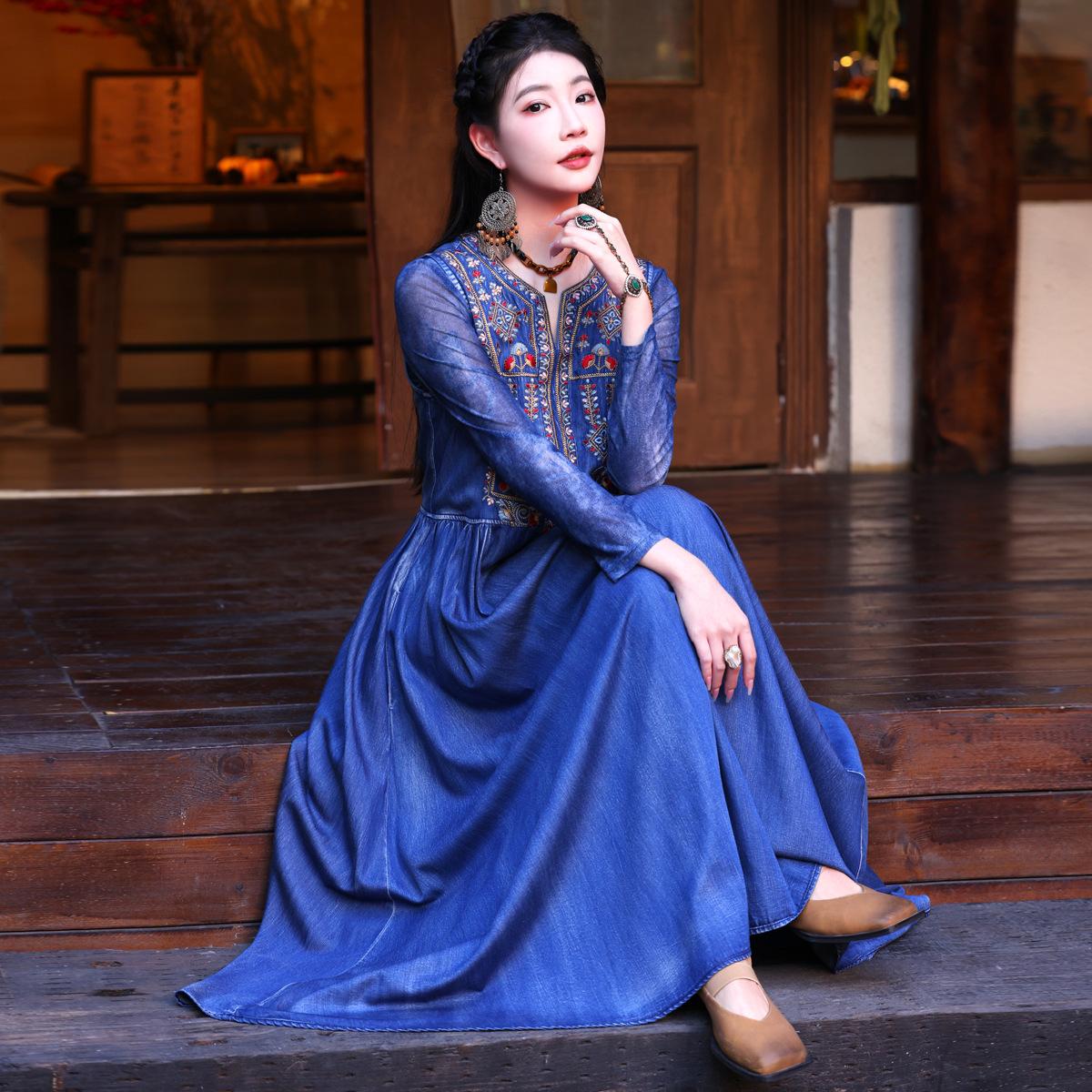 

Johnature женское весеннее модное повседневное ковбойское платье трапециевидной формы в китайском стиле с вышивкой в ​​винтажном стиле платье без рукавов L