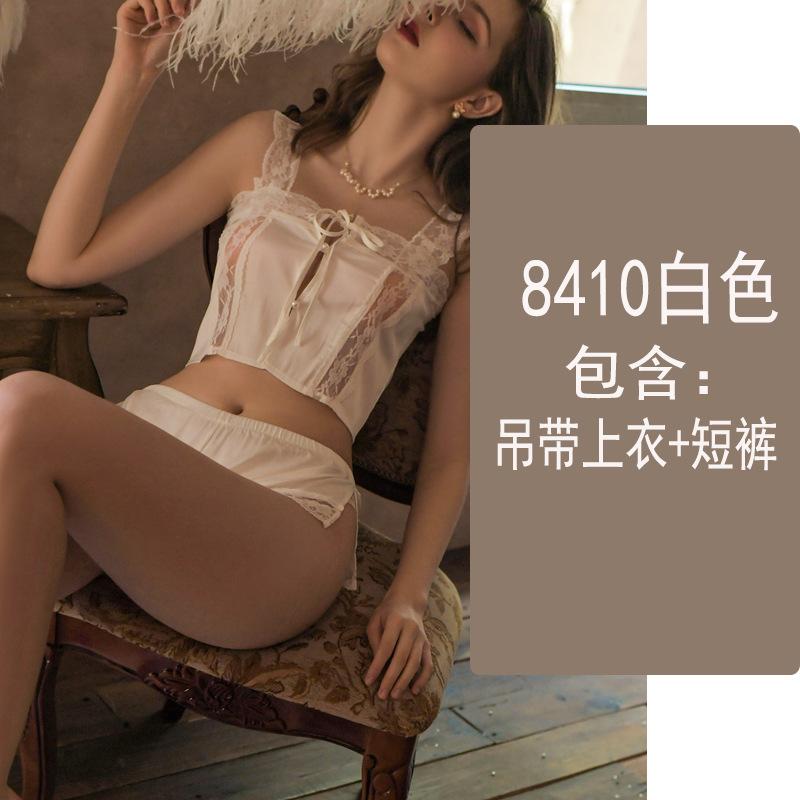 Sexy Halter Smooth Pajamas, Women's Lace Seductive Pure Desire Home Wear, Romantic Underwear Uniform Set 8410