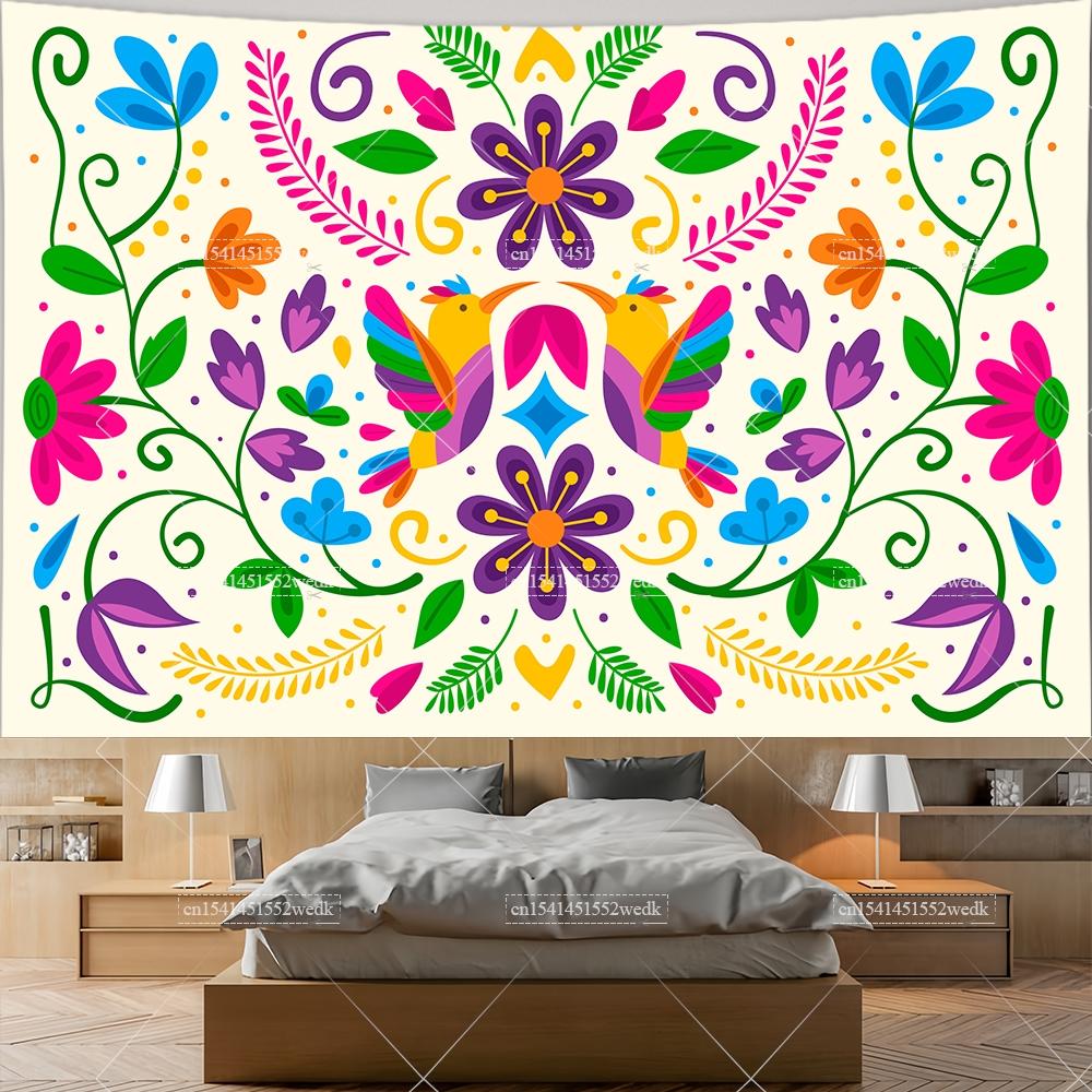 Mexiko Blumenteppich Mexikanische Pflanze Blumen Stickerei Ethnisch Otomi Vögel Wandteppiche Ästhetische Raumdeko Illustrationen Hintergrund