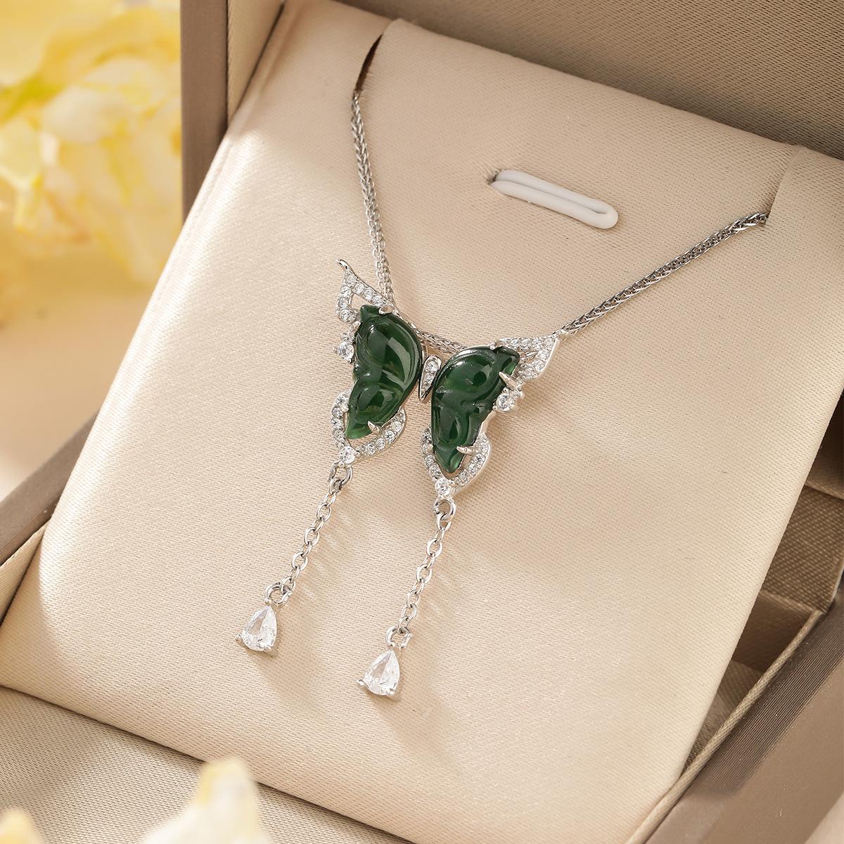 Natural jadeite green butterfly necklace women s s925 sterling silver inlaid collarbone chain jewelry new Chinese pendant 925 silver