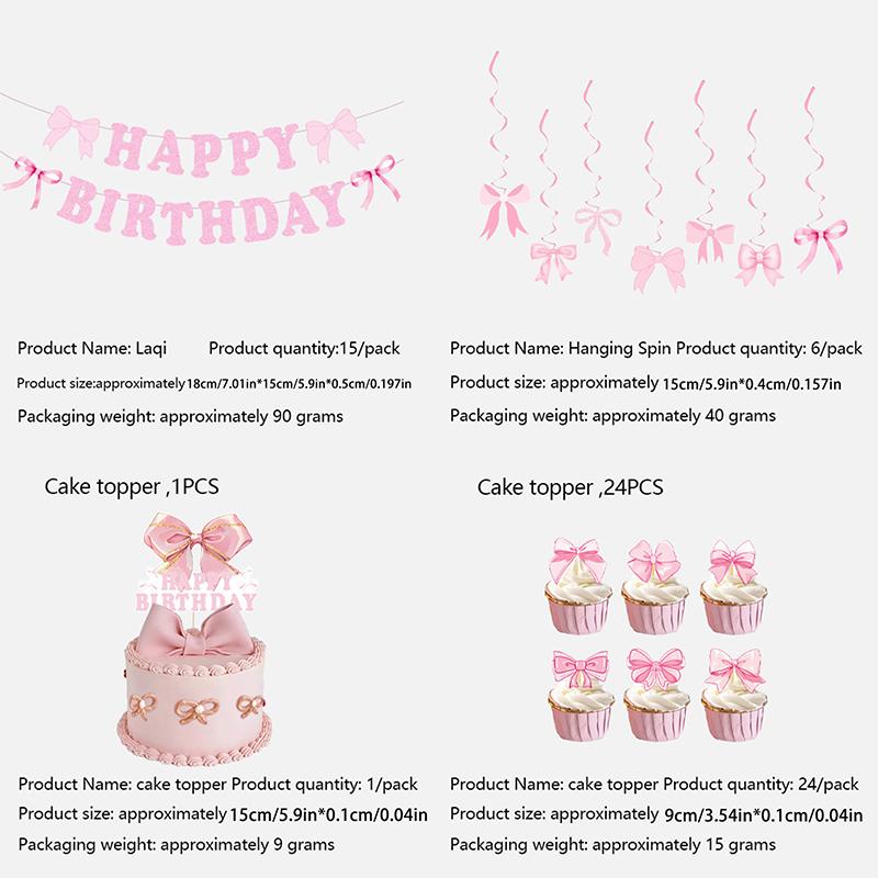 Girl Pink Bow Happy Birthday Banner Garland Bow Hanging Swirl Decorations Bow Birthday Party Party Decortions