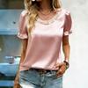 Women Elegant Satin Blouse With Pearl Neckline Puff Short Sleeve Casual Tops