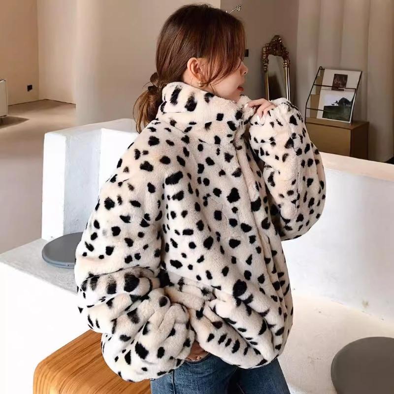 New Zipper Leopard Print Fur Stand-up Collar Jacket Autumn and Winter Medium and Long Imitation Rabbit Fur Women's Clothing Thickened Warm Fur Top