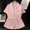 Summer Ice Silk Pajamas Women'S Short-Sleeved Shorts Lapel Sexy Pink Thousand Bird Grid Loungewear Suit Girl