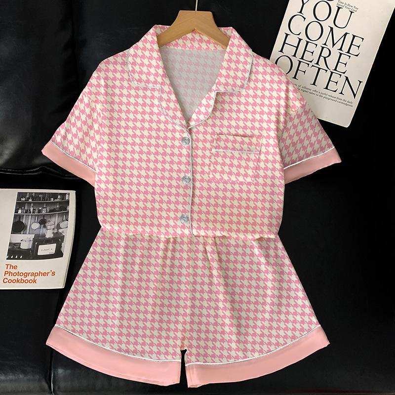 Summer Ice Silk Pajamas Women'S Short-Sleeved Shorts Lapel Sexy Pink Thousand Bird Grid Loungewear Suit Girl