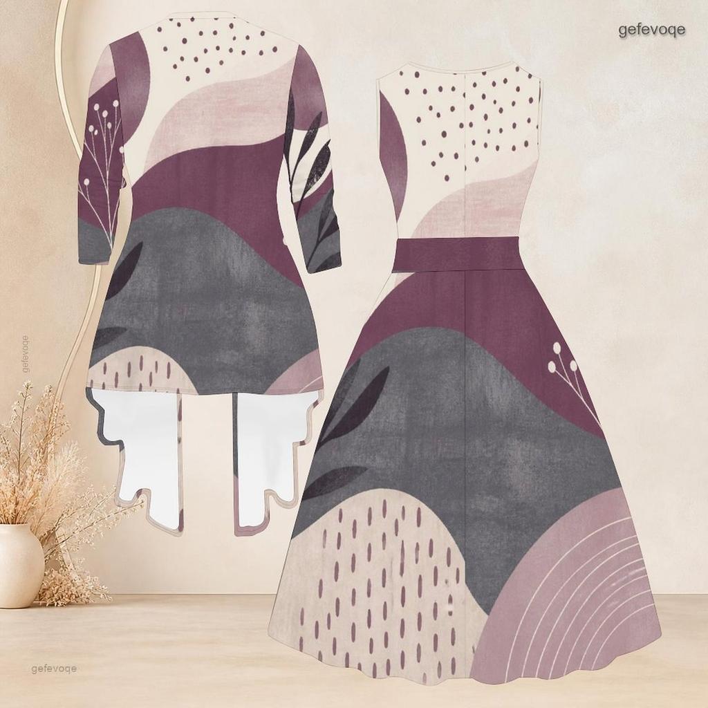 Women Plus Size Geometric Printed Two Piece Set 3 4 Sleeve Cardigan Sleeveless Round Neck Tie Waist Flared Dress
