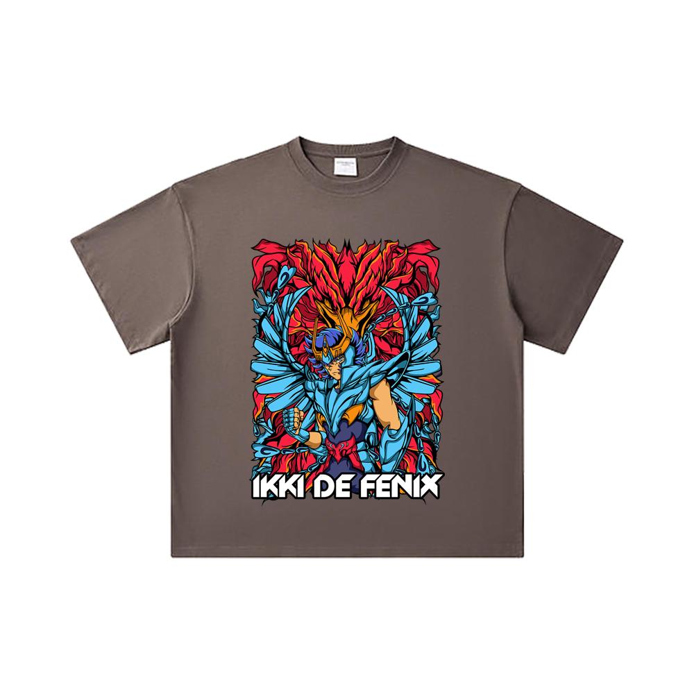 260 GSM Doppelgarn 32er Zählung 100% Baumwolle Saint Seiya V13 Phönix Aufdruck Unisex Schweres Baumwoll-T-Shirt