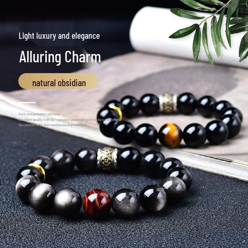 

Мужской ретро браслет из бусин серебристого обсидиана 10mm