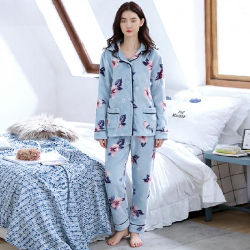 Flannel Pajamas Women's Fleece-Lined Thickened Warm Homewear Set