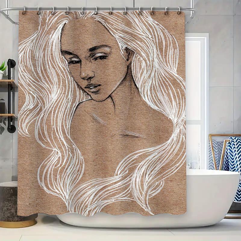 

White Hair Beautiful Girl Waterproof Shower Curtain Decorative Home Bathroom Accessory Brown Pattern (128 Characters) W60H190(CM)-1 Pcs