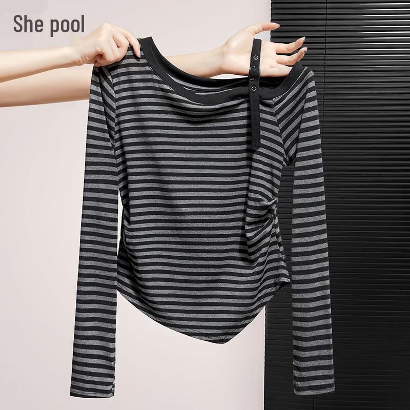 Women s Lyocell Off-Shoulder Striped Long-Sleeve T-Shirt L