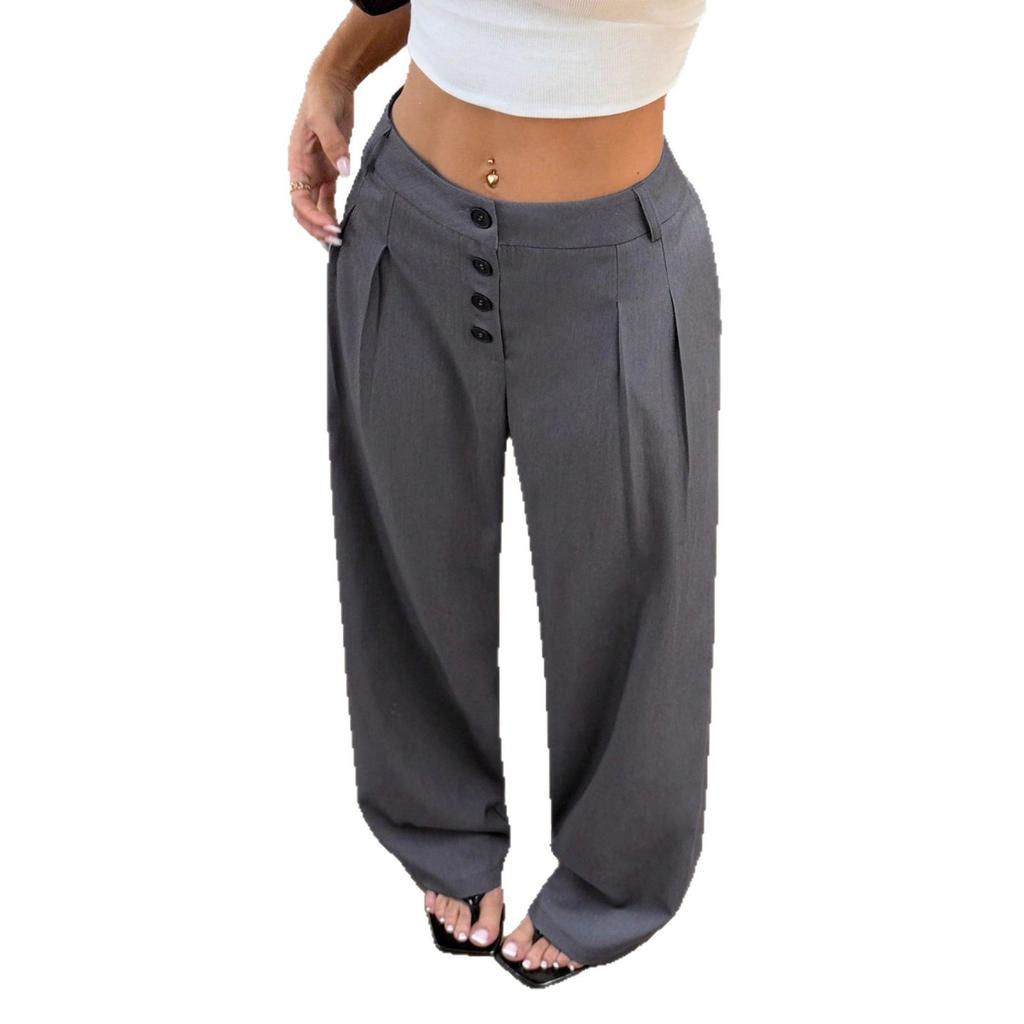 Women's Retro Design Buttoned Casual Trousers for Women Commuter Style Draped Wide Leg Pants for Women