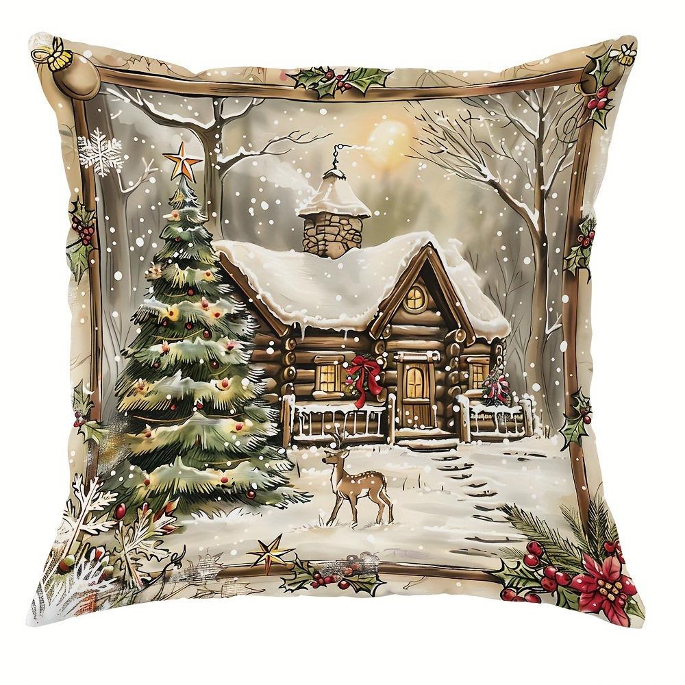 

Home Decor Christmas Cabin & Snowman Pillow Covers Pattern Cushion Cover Suitable For Sofa Bedroom Car Pillow Cover 16x16Inch
