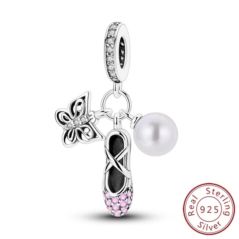 925 Silver Pink Ballet Girl Bow Pendant Charms Beads Fit Original 925 Bracelet Necklace Jewelry Making For Women DIY