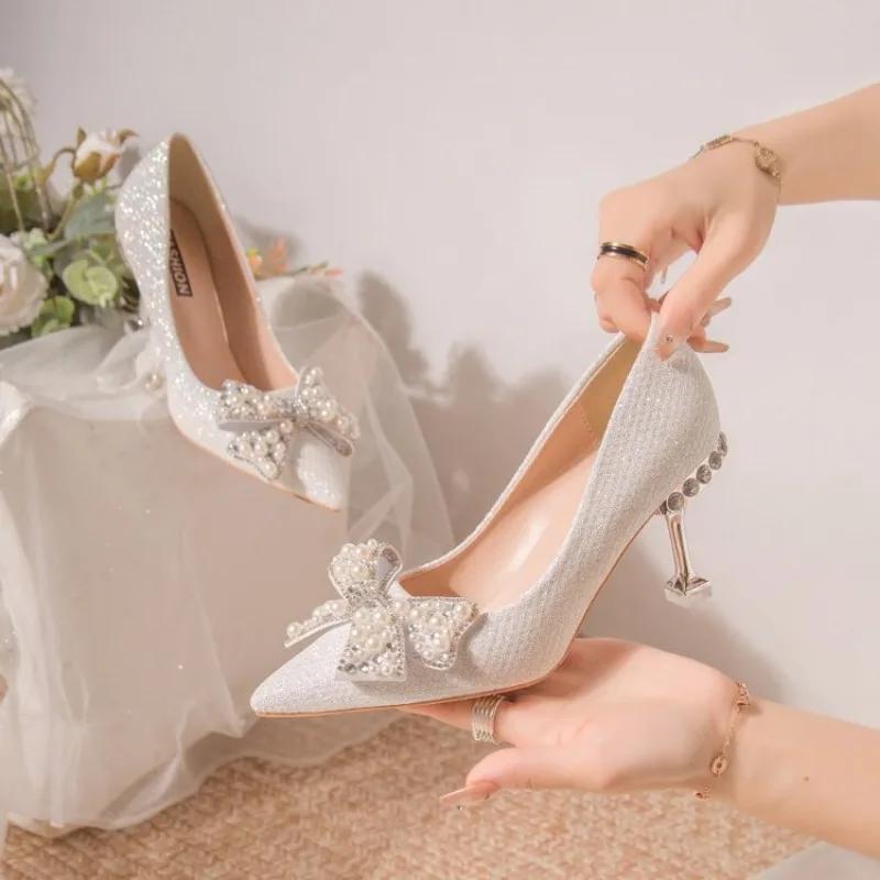 Fashion Wedding Bride Shoe Women's Shoes Pointed Toe Ladies Pumps Stilito with Bow High Heels on Heeled 2025 Trend Chic and Elegant 39