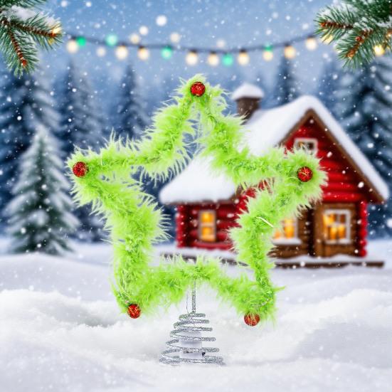 Furry Green Elf Tree Top Star 3D Plush Faux Fur Star Christmas Treetop Ornament with Red Balls for Xmas Tree Holiday Home Party Decor