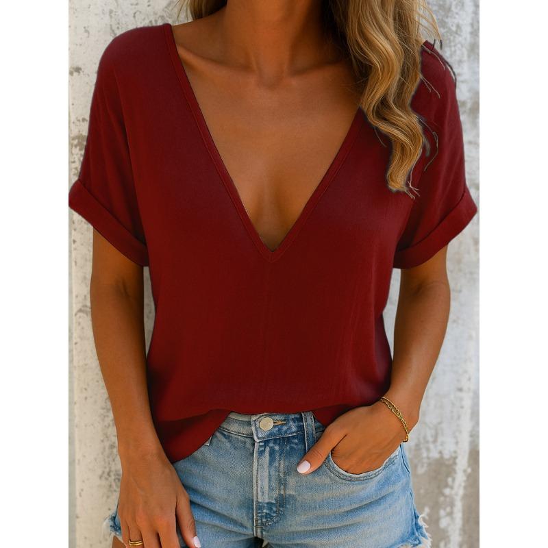 IHUASU Women's Fashion Casual Solid Color Print Short Sleeve V Neck Blouses & Shirts