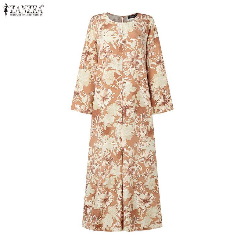 ZANZEA Abito Lungo Casual da Donna con Scollo Rotondo, Manica a 3/4, Stampa Floreale, Vestibilità Ampia