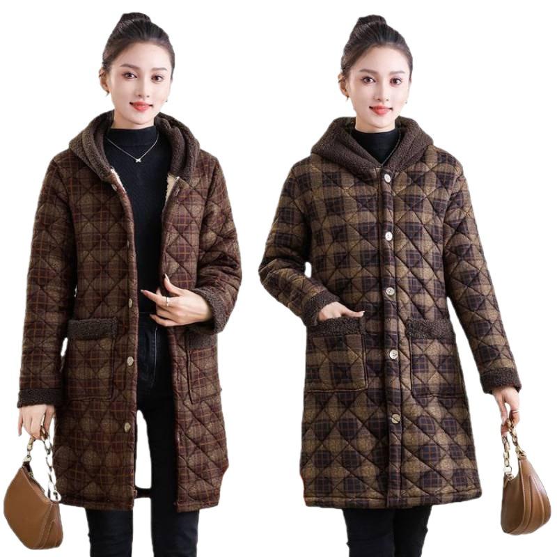 Women's Winter Hooded Plaid Cotton Jacket: Thick, Warm, Mid-Length Coat with Plus Velvet Lining