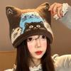 Cute Cat Jacquard Cat Ears Knitted Hat Female Autumn and Winter Cartoon Face Small Wool Hat Warm Bag Head Hat