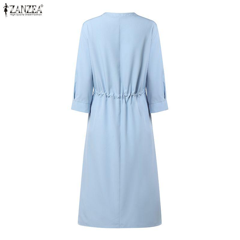 ZANZEA Women Casual V-Neck Solid Color 3/4 Sleeve Dress