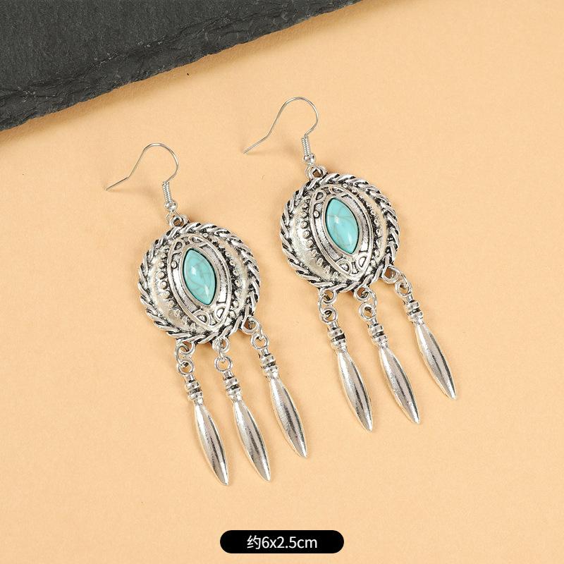 Vintage Miao silver fringed earrings with turquoise long Indian bohemian earrings Exotic earrings
