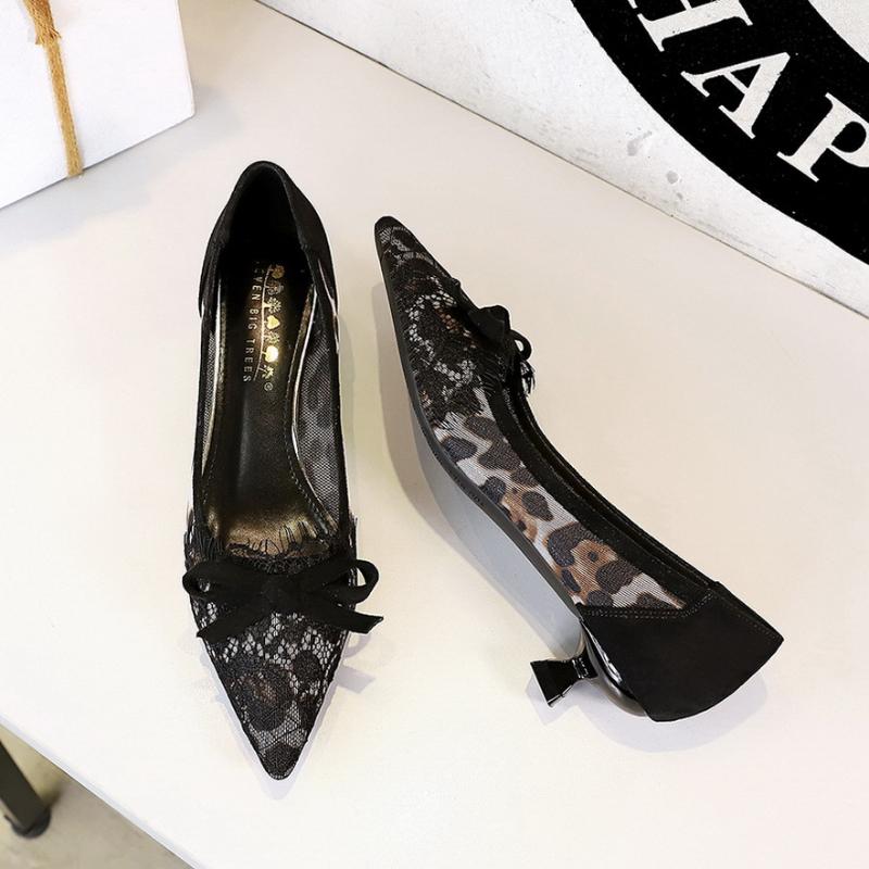 

European And American Pointed Toe Lace With Bow Wine Glass Heel Comfortable Low Heel Shallow Mouth Leopard Print Single Shoes 34