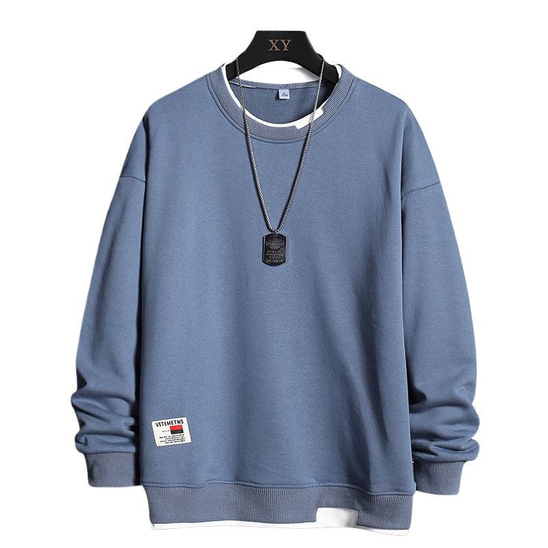 Men's Trendy No-Hood Round Neck Pullover: Autumn/Winter Long-Sleeved Fake Two-Piece Loose Fit Hoodie