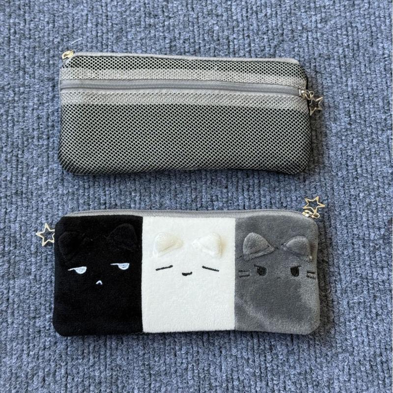 1Pcs Black White And Gray Kitten Pencil Case Plush Cute Cat Storage Bag Large Capacity Cartoon Stationery Case For Student