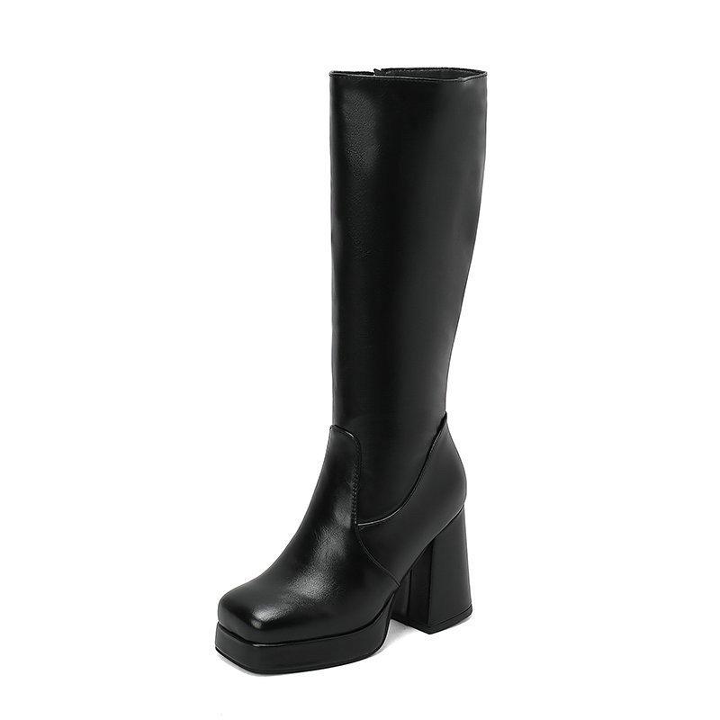 Wasserdichte Tischplatte Dicke Ferse Superhoher Absatz Damen High Boots Quadratische Spitze Seitlicher Reißverschluss Damen Aber Kniestiefel Kniehoch Martin Damenstiefel